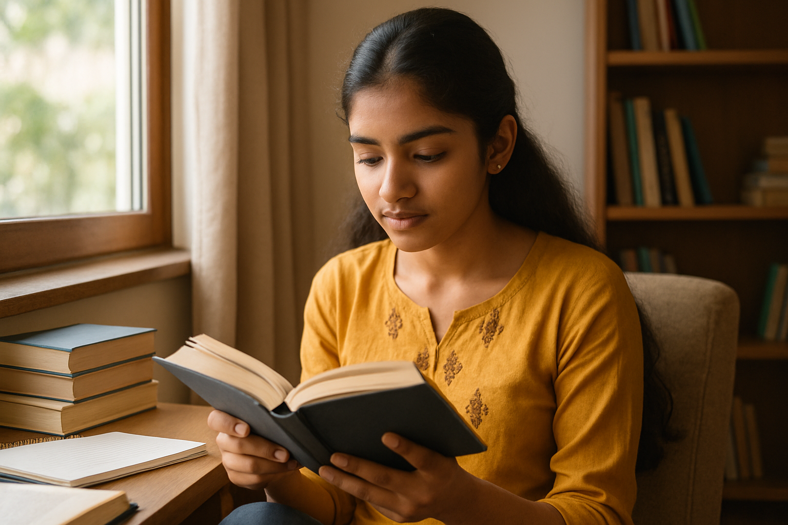 an indian girl 15 year old reading a book