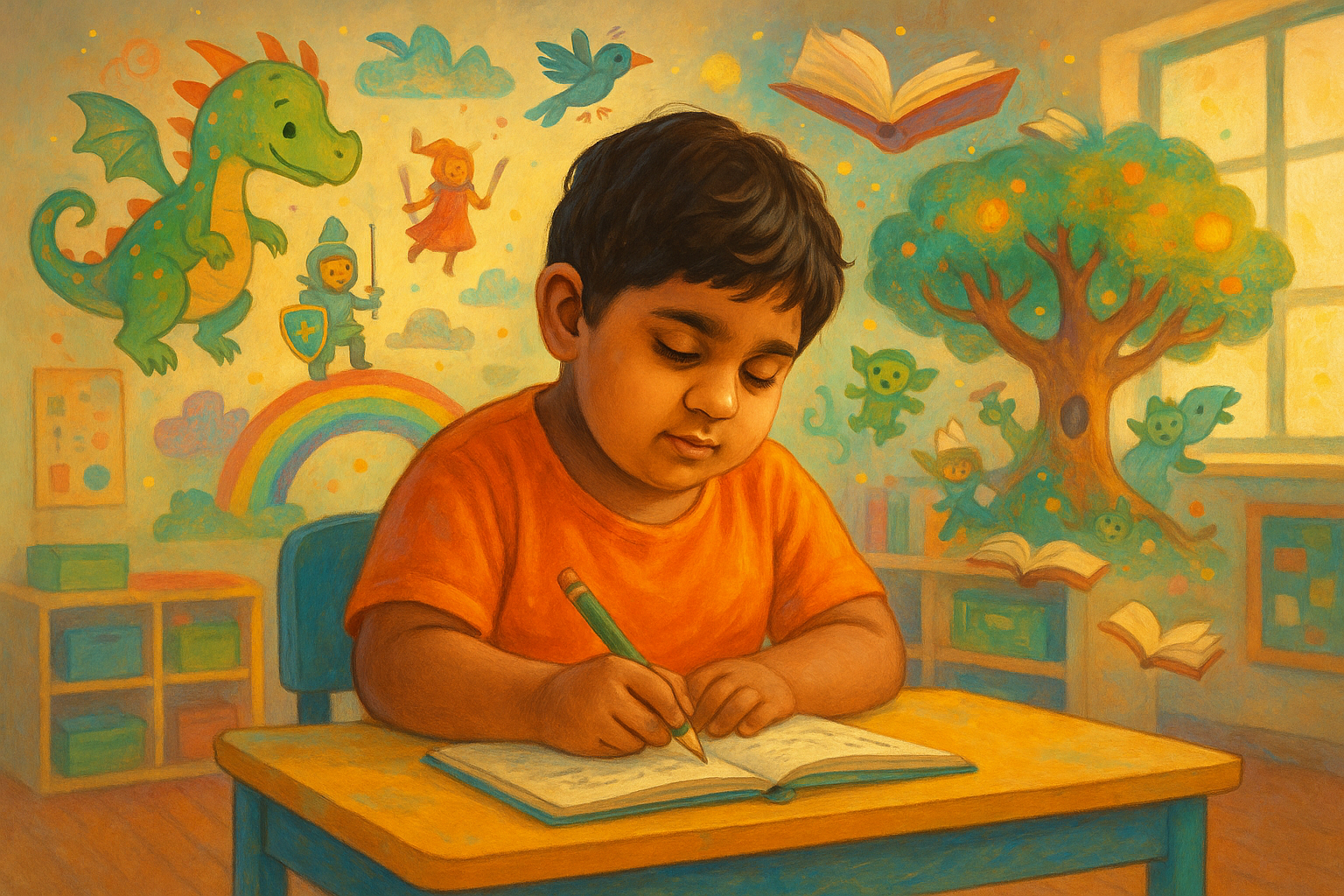 make a photo of a indian special education need child writing a story and also thinking creative things illustrate that as well